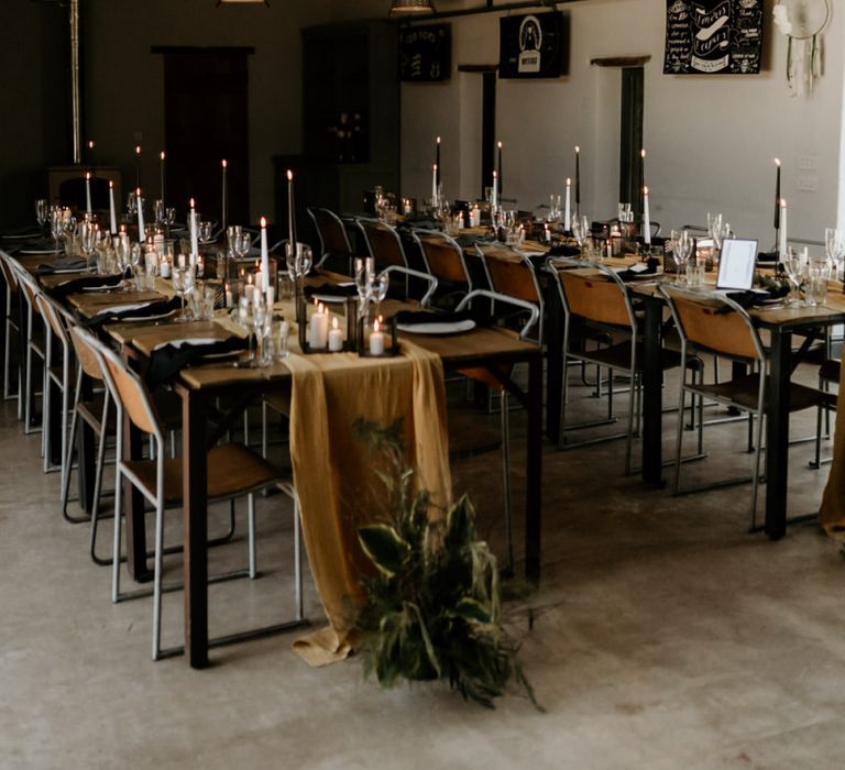 Barn Wedding Reception Decor with Tapper Candles  and Table Runner