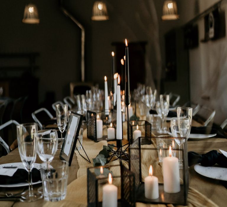 Black Candle Sticks and Hurricane Lamps with Taper Candles