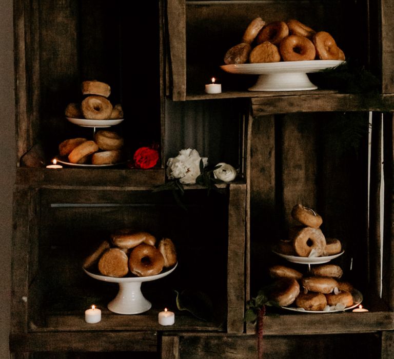 Doughnut Station on Wooden Crates and Cake Stands