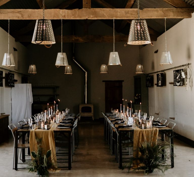 Industrial Barn Wedding Decor with Trestle Tables, Table Runner and Taper Candles