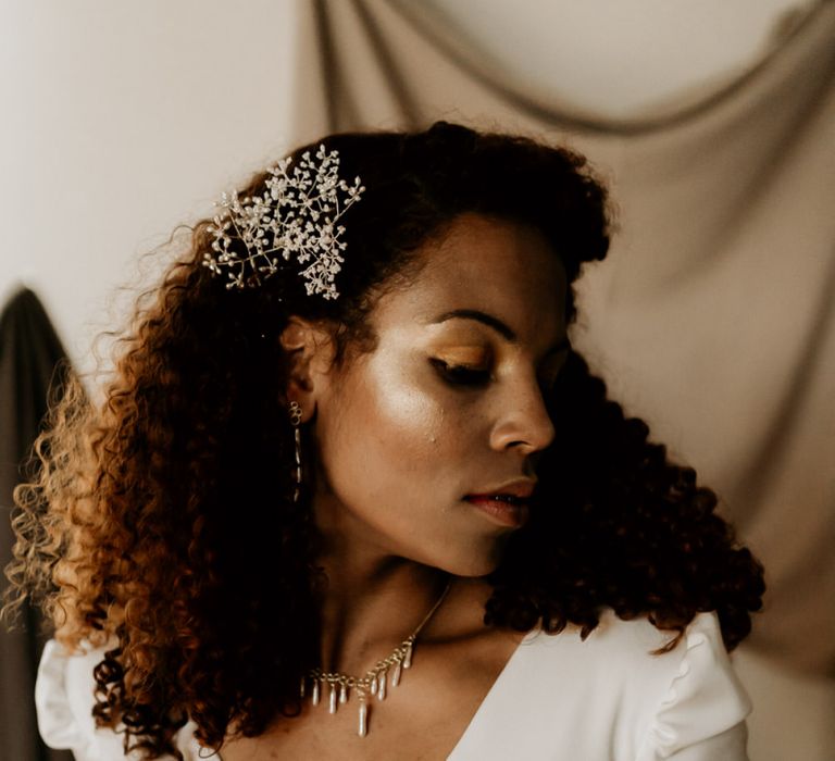 Black Bride with Afro Hair &amp; Cheek Highlighter in White Jumpsuit