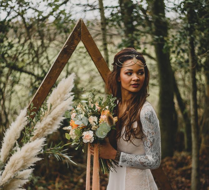 Boho black bride for woodland shoot