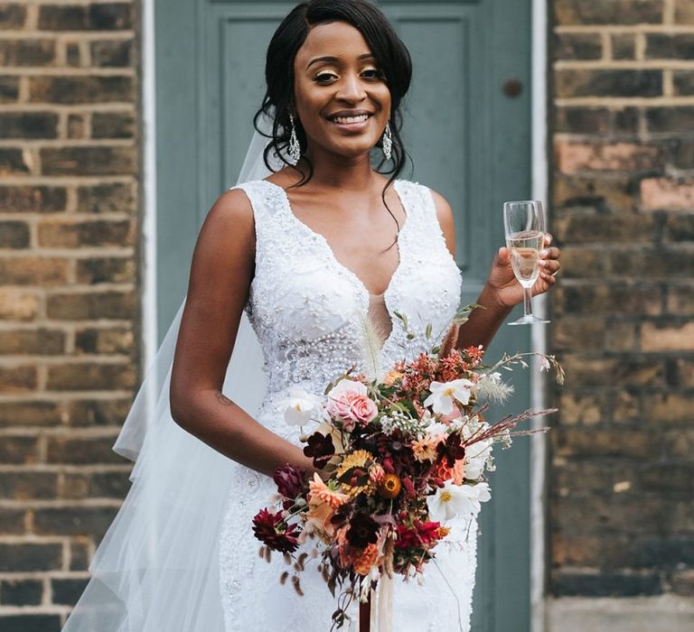 Black Bride in lace wedding dress for city wedding