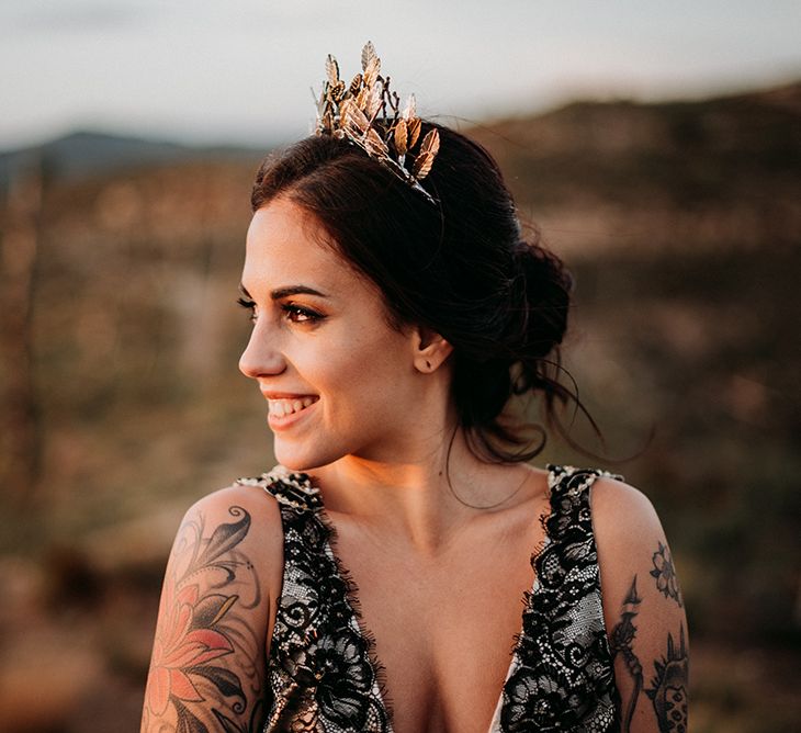 Alternative Bride in Black Wedding Dress and Gold Crown Headdress