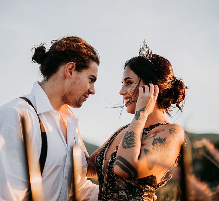 Bride and Groom Laughing in the Sunset