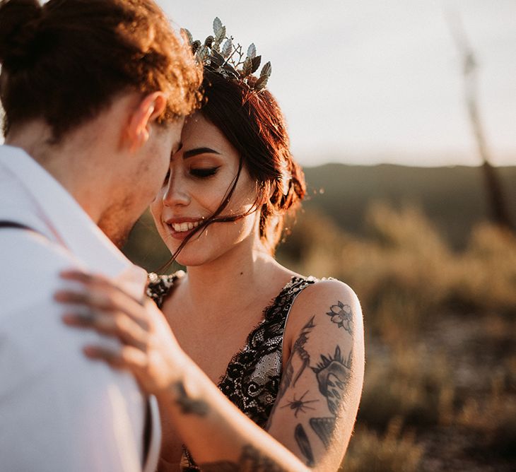 Black Eyeliner Bridal Makeup and Gold Headdress