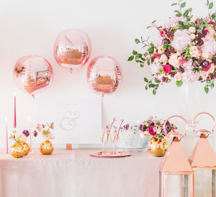 Georgina Read  Wedding Sign | Copper Foil Balloons | Rosehip London  Floral Arrangements | Blush Pink Opulent London Engagement Party Inspiration Planned &amp; Styled by Just Bespoke | Sanshine Photography