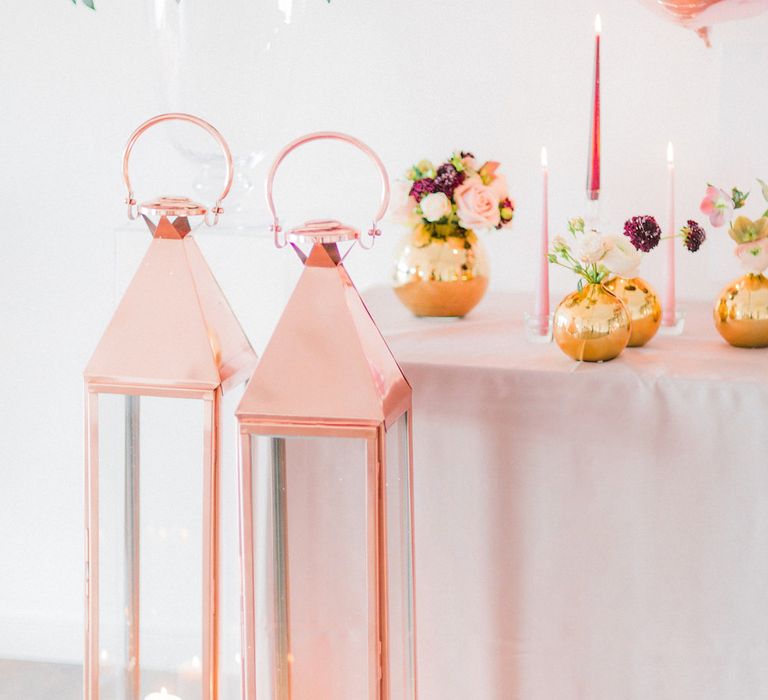 Copper Lanterns &amp; Floral Arrangements | Blush Pink Opulent London Engagement Party Inspiration Planned &amp; Styled by Just Bespoke | Sanshine Photography