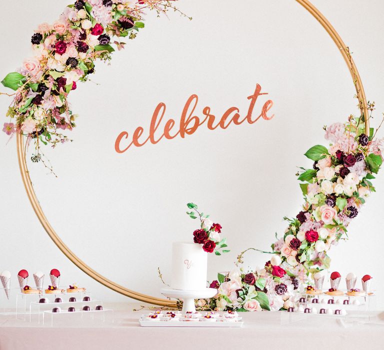 Cake Table with Celebrate Floral Hoop Backdrop | Monannie Cake &amp; Treats | Blush Pink Opulent London Engagement Party Inspiration Planned &amp; Styled by Just Bespoke | Sanshine Photography