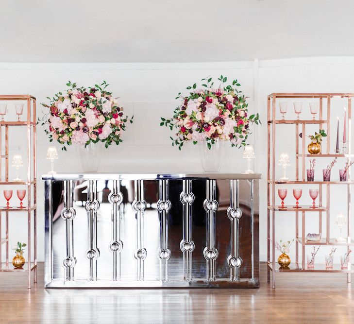 Mirror Bar, Copper Upstands from Great Hire &amp; Rosehip London Floral Arrangement | Blush Pink Opulent London Engagement Party Inspiration Planned &amp; Styled by Just Bespoke | Sanshine Photography