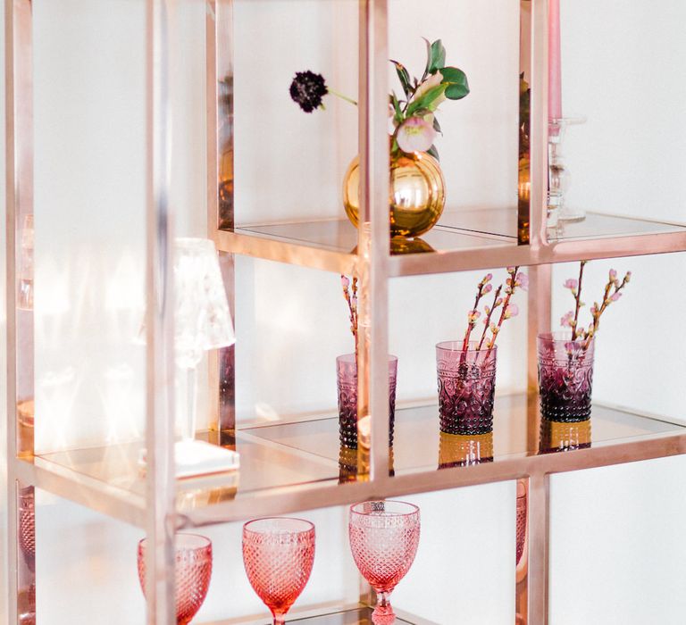 Copper Drinks Display from Great Hire | Mr Flavour Drinks in Classic Crockery Glassware | Blush Pink Opulent London Engagement Party Inspiration Planned &amp; Styled by Just Bespoke | Sanshine Photography