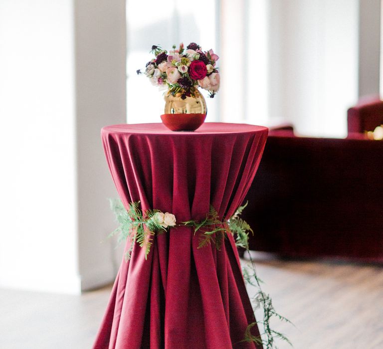 Deep Red Table Cloth &amp; Floral Arrangement | Blush Pink Opulent London Engagement Party Inspiration Planned &amp; Styled by Just Bespoke | Sanshine Photography