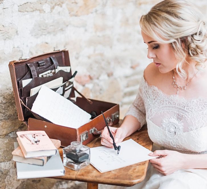 Calligraphy Love Letter | Bride in Lace Bardot Wedding Dress | Blush Pink, Romantic, Country Wedding Inspiration at Tithe Barn, Dorset | Darima Frampton Photography