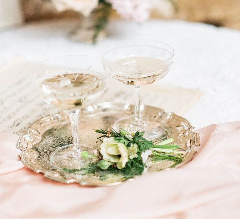 Champagne Saucers | Blush Pink, Romantic, Country Wedding Inspiration at Tithe Barn, Dorset | Darima Frampton Photography