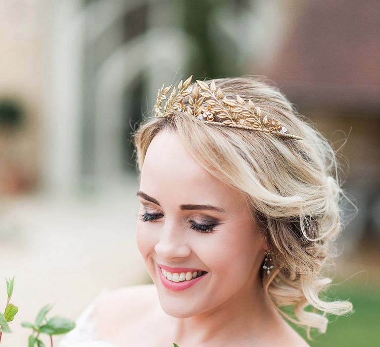 Bridal Beauty | Gold Bridal Headpiece | Bride in Lace, Bardot Bridal Gown | Blush Pink, Romantic, Country Wedding Inspiration at Tithe Barn, Dorset | Darima Frampton Photography