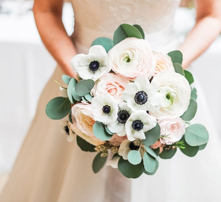 Pink &amp; White Ranunculus &amp; Anemone Bridal Bouquet | Blush Pink, Romantic, Country Wedding Inspiration at Tithe Barn, Dorset | Darima Frampton Photography