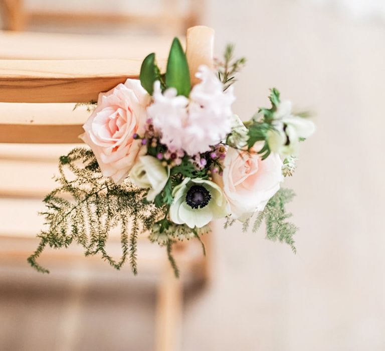 Pink &amp; White Floral Pew End Flower Arrangement | Blush Pink, Romantic, Country Wedding Inspiration at Tithe Barn, Dorset | Darima Frampton Photography