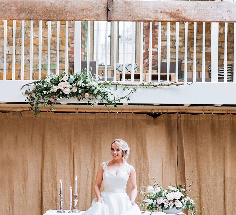 Bride at the Altar in Princess Wedding Dress | Blush Pink, Romantic, Country Wedding Inspiration at Tithe Barn, Dorset | Darima Frampton Photography