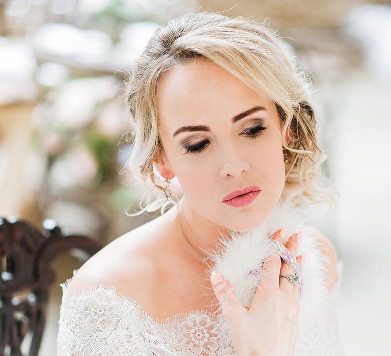 Bridal Preparations | Bride in Lace, Bardot Bridal Gown | Blush Pink, Romantic, Country Wedding Inspiration at Tithe Barn, Dorset | Darima Frampton Photography