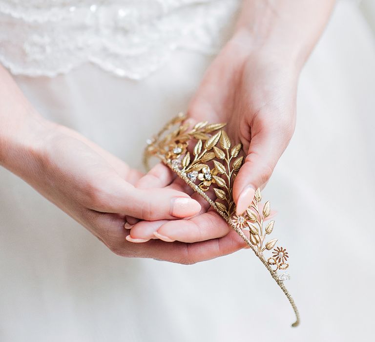 Gold Bridal headpiece | Blush Pink, Romantic, Country Wedding Inspiration at Tithe Barn, Dorset | Darima Frampton Photography