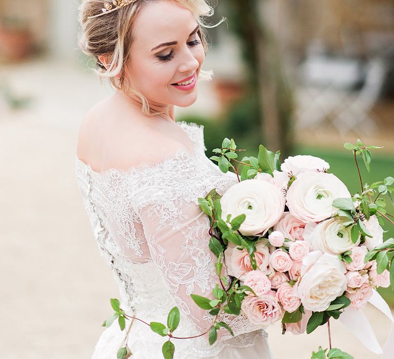 Gold Bridal Headpiece | Bride in Lace, Bardot Bridal Gown | Blush Pink, Romantic, Country Wedding Inspiration at Tithe Barn, Dorset | Darima Frampton Photography