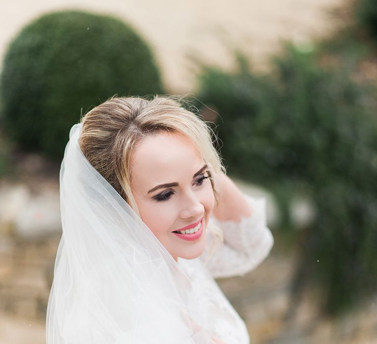 Wedding Veil | Bride in Lace, Bardot Bridal Gown | Blush Pink, Romantic, Country Wedding Inspiration at Tithe Barn, Dorset | Darima Frampton Photography