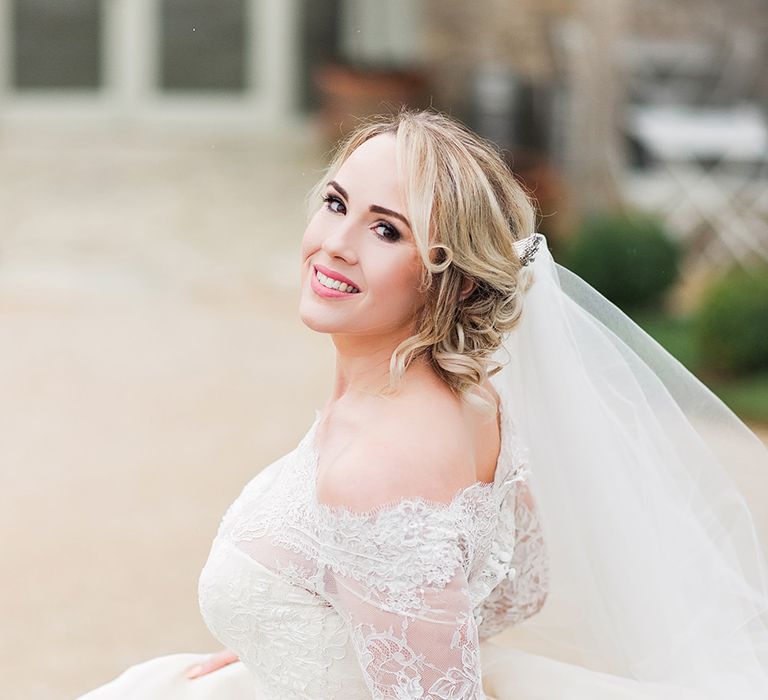 Bride in Lace, Bardot Bridal Gown | Blush Pink, Romantic, Country Wedding Inspiration at Tithe Barn, Dorset | Darima Frampton Photography