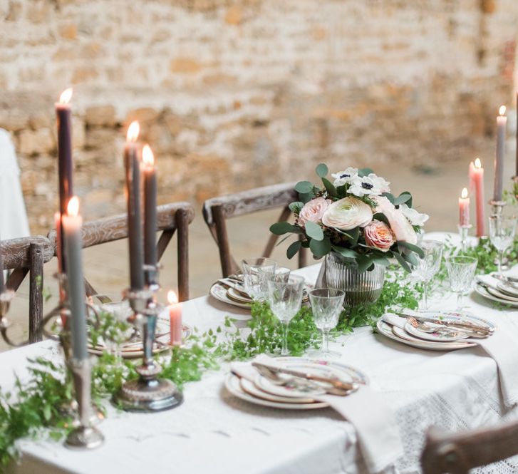 Elegant Place Settings with Vintage China Plate &amp; Menu Card | Floral Centrepiece &amp; Taper Candles | Blush Pink, Romantic, Country Wedding Inspiration at Tithe Barn, Dorset | Darima Frampton Photography