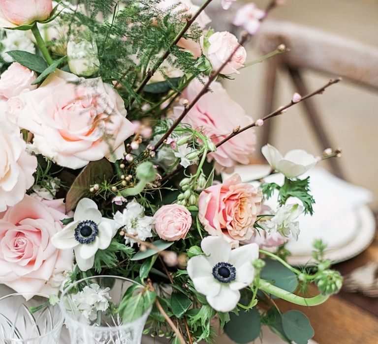 Pink &amp; White Roses,  Ranunculus &amp; Anemone Floral Centrepiece | Blush Pink, Romantic, Country Wedding Inspiration at Tithe Barn, Dorset | Darima Frampton Photography