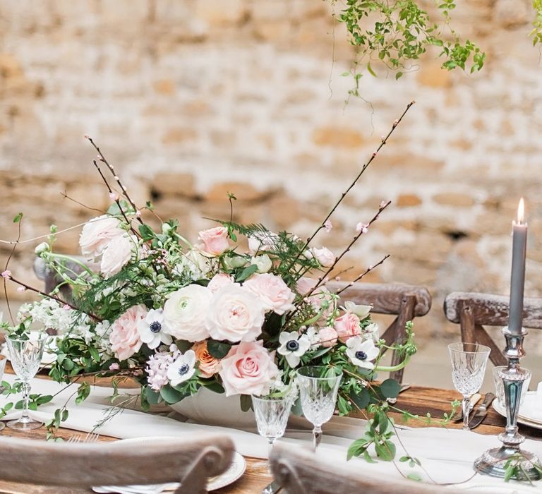 Elegant Tablescape Pink &amp; White Roses,  Ranunculus &amp; Anemone Floral Centrepiece | Blush Pink, Romantic, Country Wedding Inspiration at Tithe Barn, Dorset | Darima Frampton Photography