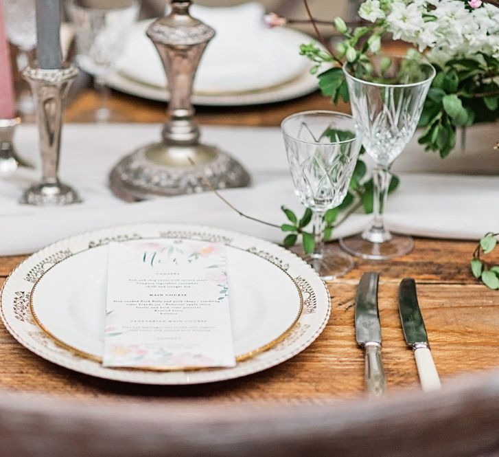 Elegant Place Setting with Vintage China Plate &amp; Menu Card | Blush Pink, Romantic, Country Wedding Inspiration at Tithe Barn, Dorset | Darima Frampton Photography