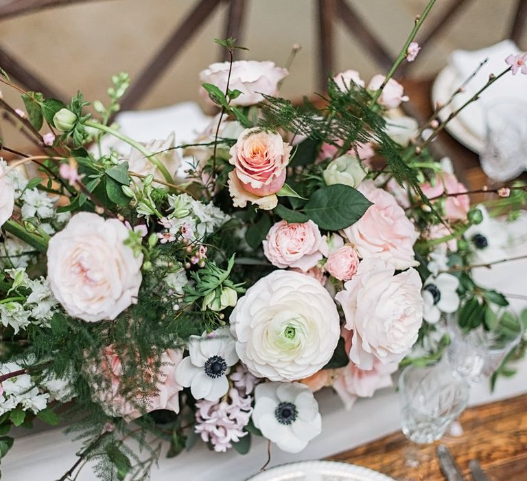 Pink &amp; White Roses,  Ranunculus &amp; Anemone Floral Centrepiece | Blush Pink, Romantic, Country Wedding Inspiration at Tithe Barn, Dorset | Darima Frampton Photography