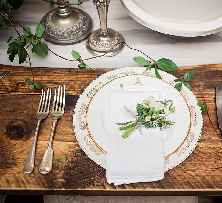 Elegant Place Setting with Vintage China Plates | Blush Pink, Romantic, Country Wedding Inspiration at Tithe Barn, Dorset | Darima Frampton Photography