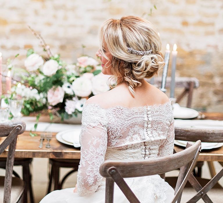 Bride in Lace, Bardot Bridal Gown | Blush Pink, Romantic, Country Wedding Inspiration at Tithe Barn, Dorset | Darima Frampton Photography