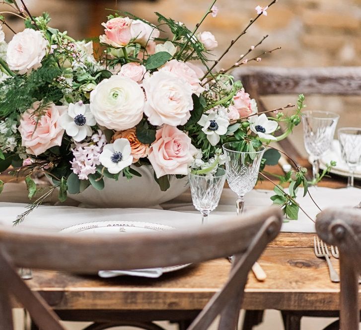 Pink &amp; White Roses,  Ranunculus &amp; Anemone Floral Centrepiece | Blush Pink, Romantic, Country Wedding Inspiration at Tithe Barn, Dorset | Darima Frampton Photography