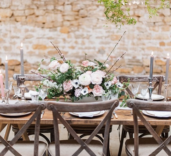 Elegant Tablescape Pink &amp; White Roses,  Ranunculus &amp; Anemone Floral Centrepiece | Blush Pink, Romantic, Country Wedding Inspiration at Tithe Barn, Dorset | Darima Frampton Photography