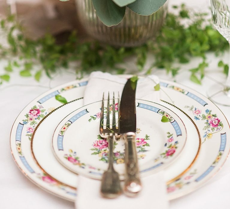 Elegant Place Setting with Vintage China Plate &amp; Menu Card | Blush Pink, Romantic, Country Wedding Inspiration at Tithe Barn, Dorset | Darima Frampton Photography