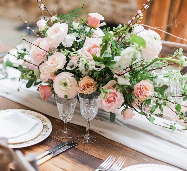 Elegant Tablescape Pink &amp; White Roses,  Ranunculus &amp; Anemone Floral Centrepiece | Blush Pink, Romantic, Country Wedding Inspiration at Tithe Barn, Dorset | Darima Frampton Photography