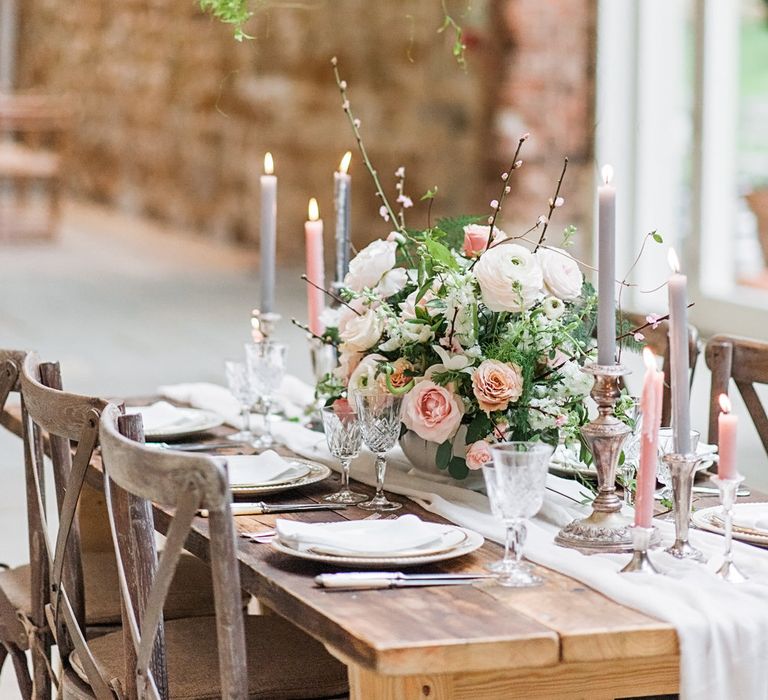 Elegant Tablescape with Taper Candles, Pink &amp; White Roses,  Ranunculus &amp; Anemone Floral Centrepiece &amp; Hanging Chandelier | Blush Pink, Romantic, Country Wedding Inspiration at Tithe Barn, Dorset | Darima Frampton Photography