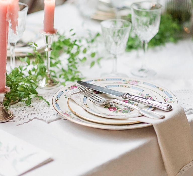 Elegant Place Setting with Vintage China Plate &amp; Menu Card | Blush Pink, Romantic, Country Wedding Inspiration at Tithe Barn, Dorset | Darima Frampton Photography