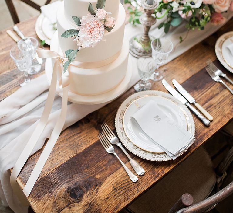 Traditional Three Tier Wedding Cake by Angel Cake Company | Champagne | Blush Pink, Romantic, Country Wedding Inspiration at Tithe Barn, Dorset | Darima Frampton Photography