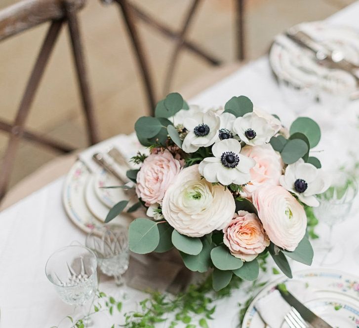 Pink &amp; White Roses,  Ranunculus &amp; Anemone Floral Centrepiece | Blush Pink, Romantic, Country Wedding Inspiration at Tithe Barn, Dorset | Darima Frampton Photography