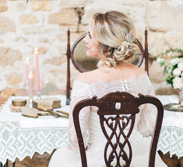 Lace, Bardot Bridal Gown | Blush Pink, Romantic, Country Wedding Inspiration at Tithe Barn, Dorset | Darima Frampton Photography