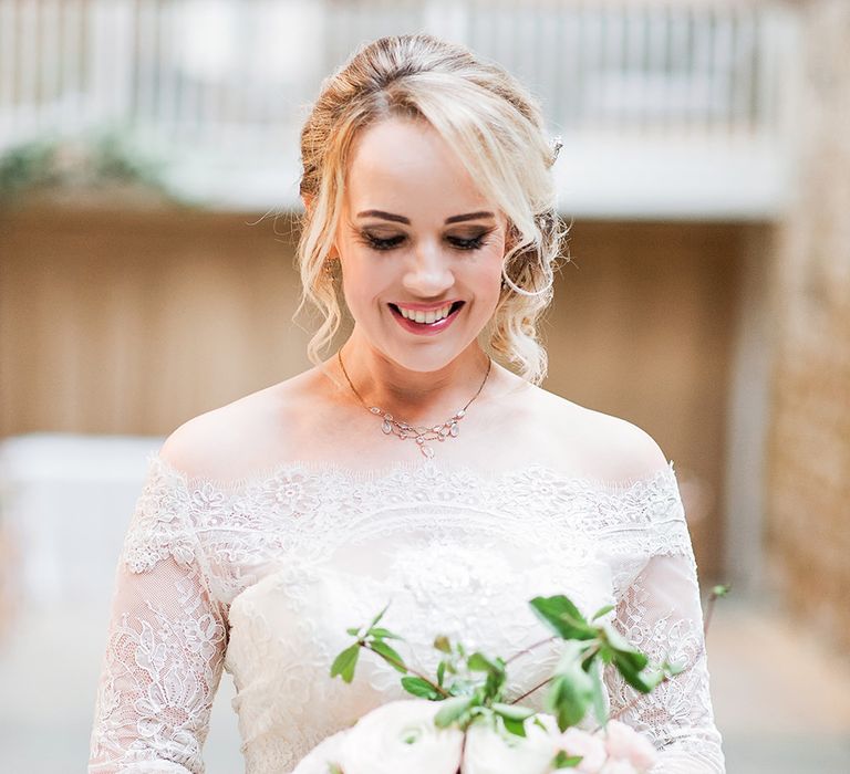 Bride in Lace, Bardot Bridal Gown | Ranunculus &amp; Anemone Bridal Bouquet | Blush Pink, Romantic, Country Wedding Inspiration at Tithe Barn, Dorset | Darima Frampton Photography