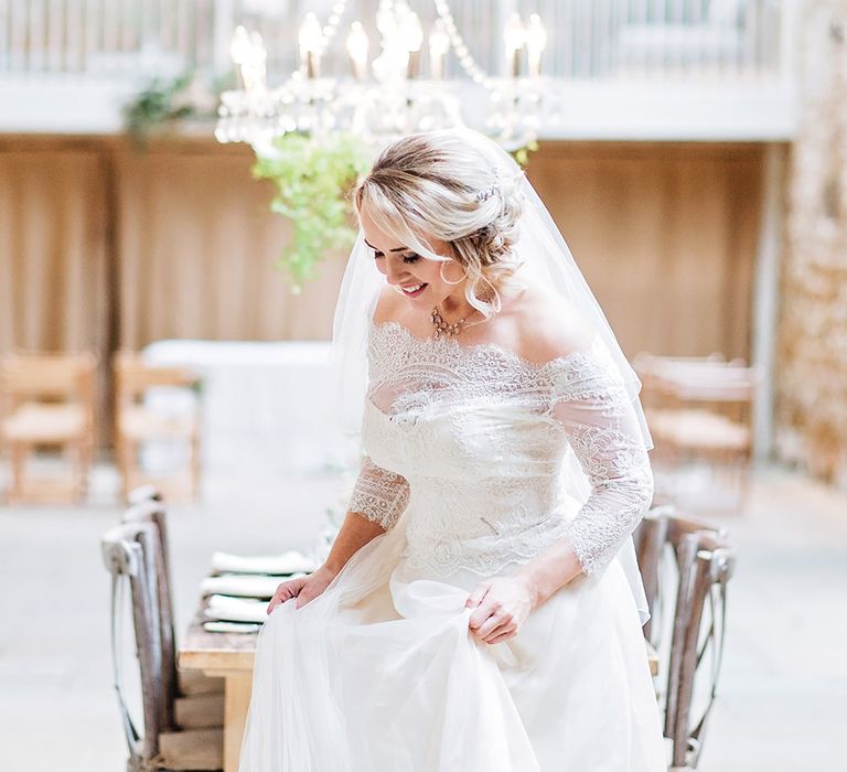 Bride in Lace, Bardot Bridal Gown | Blush Pink, Romantic, Country Wedding Inspiration at Tithe Barn, Dorset | Darima Frampton Photography