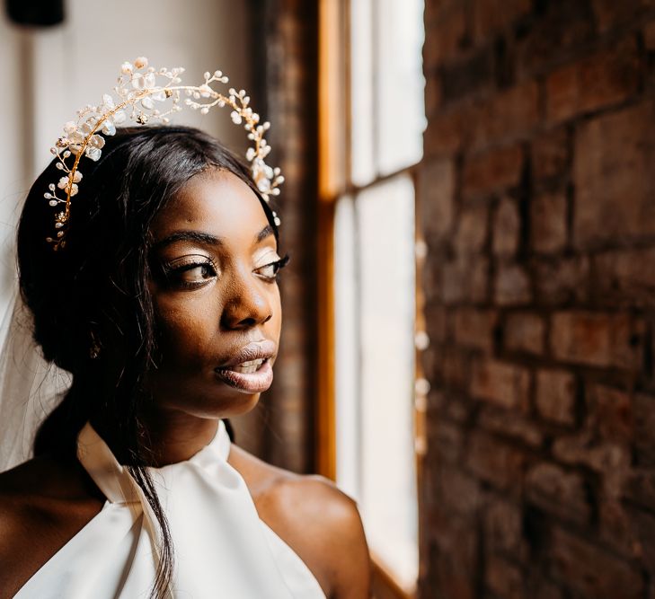 Hermione Harbutt Lyra halo in gold for rust wedding theme