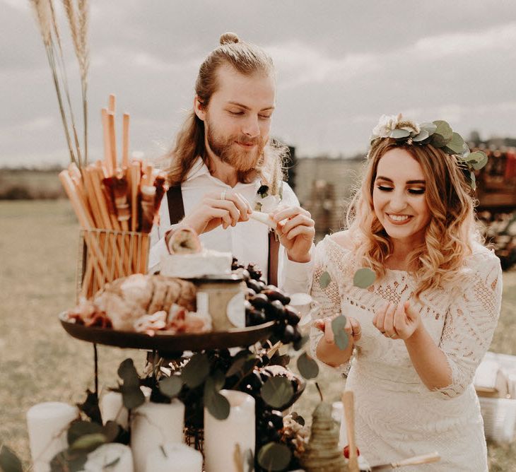 Grape &amp; Fig Grazing Barrel | Two Bohemians Couple | Lucy Can't Dance Lace Bridal Gown | Boho at The Barns at Lodge Farm, Essex, by Rock The Day Styling | Kelsie Low Photography