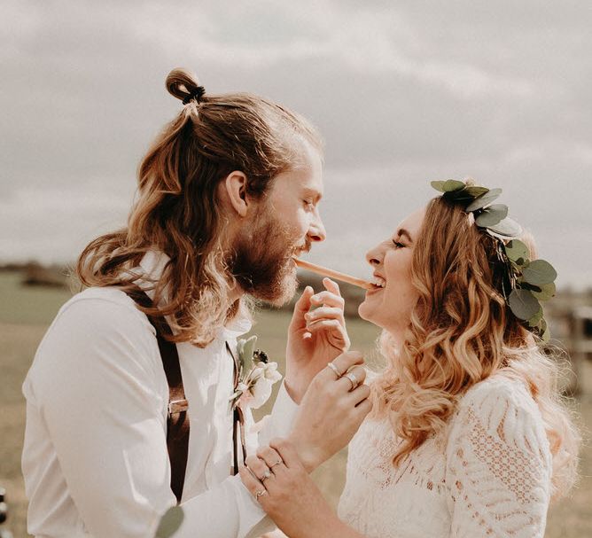 Grape &amp; Fig Grazing Barrel | Two Bohemians Couple | Lucy Can't Dance Lace Bridal Gown | Boho at The Barns at Lodge Farm, Essex, by Rock The Day Styling | Kelsie Low Photography