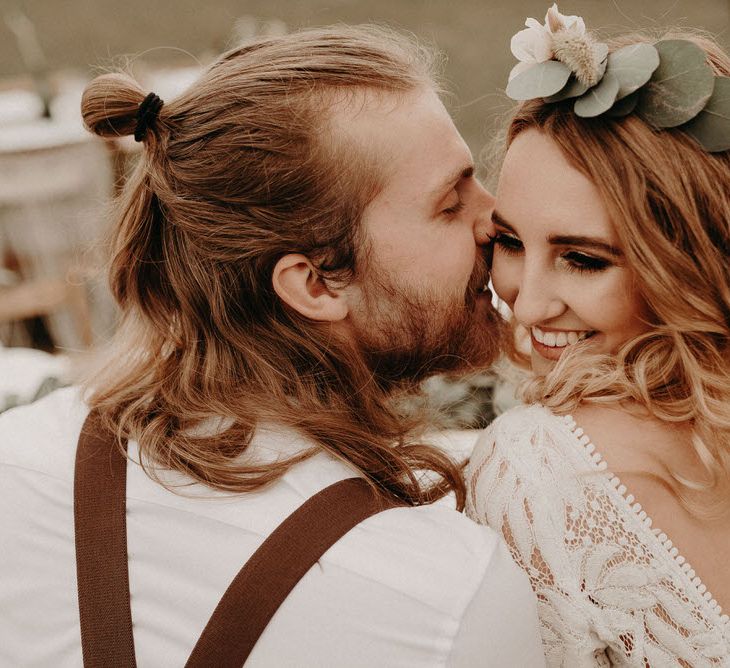 Two Bohemians Couple | Lucy Can't Dance Lace Bridal Gown | Boho at The Barns at Lodge Farm, Essex, by Rock The Day Styling | Kelsie Low Photography