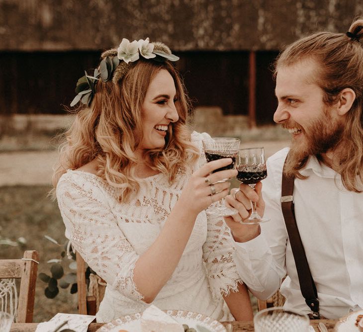 Two Bohemians Couple | Lucy Can't Dance Lace Bridal Gown | Boho at The Barns at Lodge Farm, Essex, by Rock The Day Styling | Kelsie Low Photography